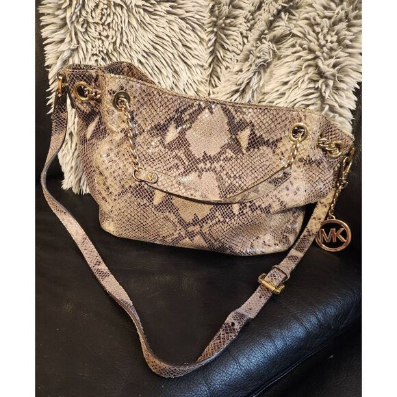 Michael Kors Jet Set Chain Snakeskin embossed Gather Shoulder Tote with CROSSBOD - Picture 1 of 14